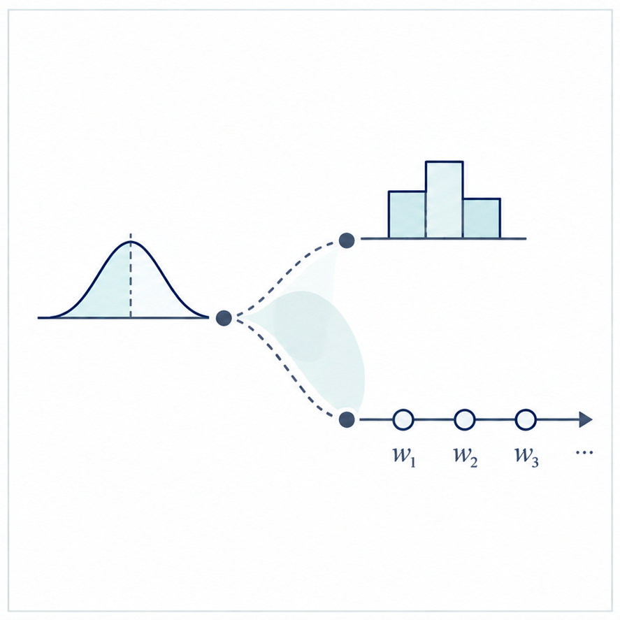 Conceptual illustration for word prediction and probability judgment: a probability representation branching to offline judgments and incremental word predictions.